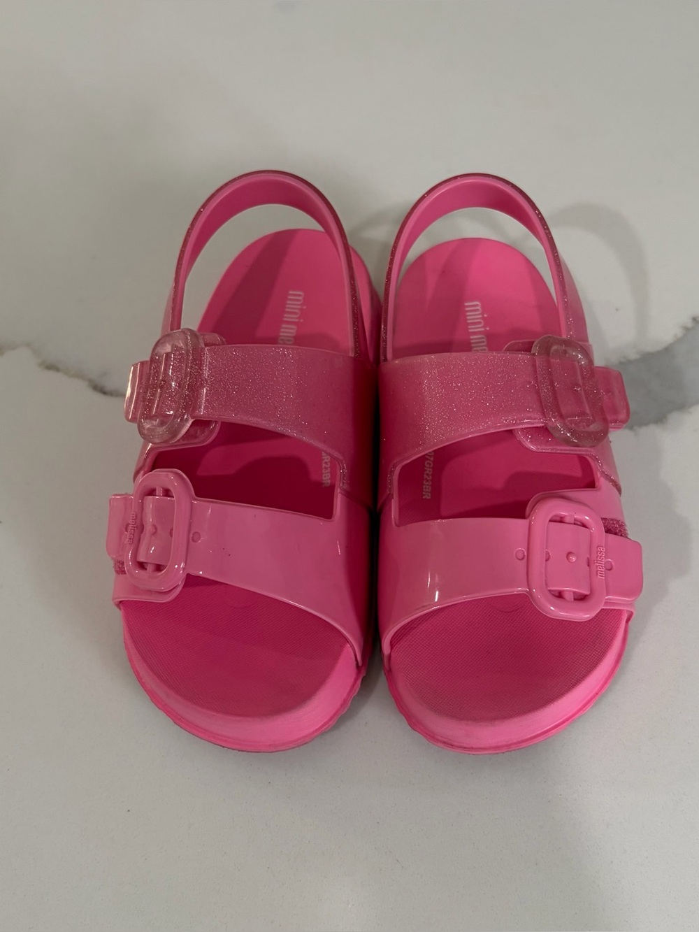 Mini Melissa Bright Pink Glitter Jelly Buckle Sandals